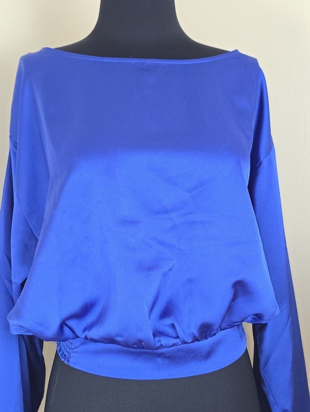 LOFT Sapphire Blue Satin Cropped Bubble Hem Long Sleeve Blouse NEW L